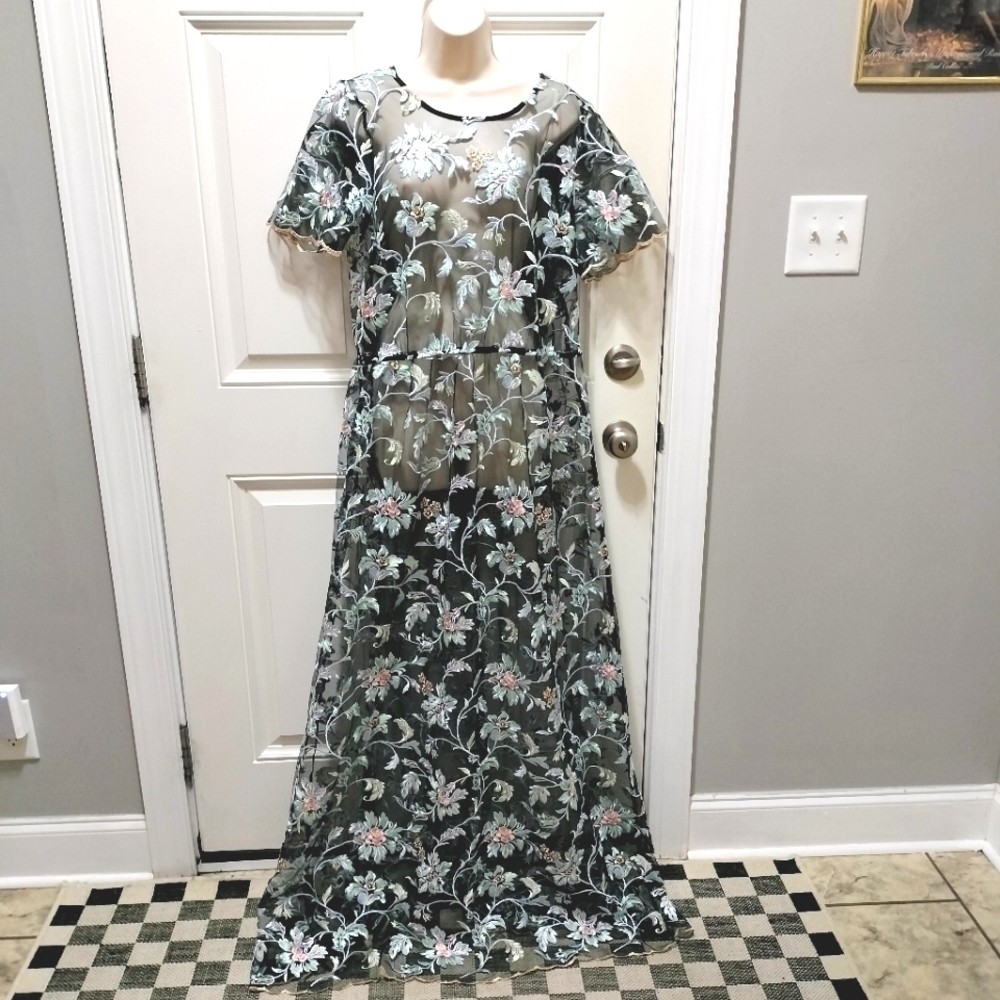 LuLaRoe Deanne II Sheer Embroidered Floral Maxi Dress Black Pink Blue 2XL Plus - Picture 2 of 10
